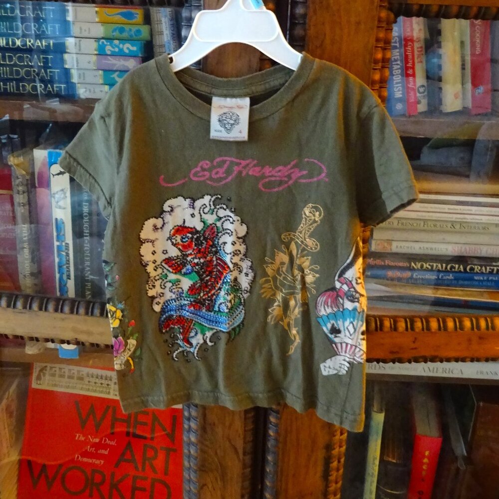 VTG ED HARDY DESIGNS KIDS girls top JEWELED RHINESTONES CRYSTALS TEE SIZE 4